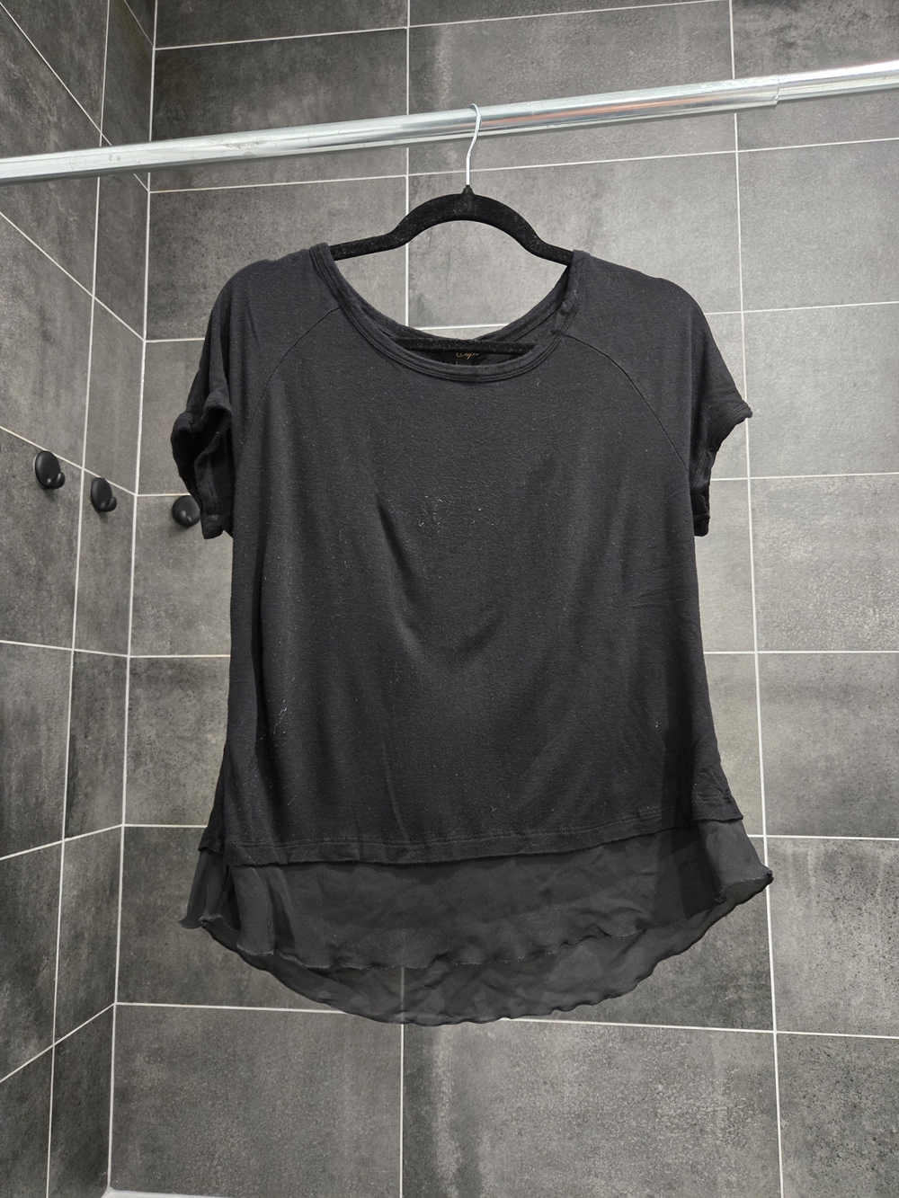 Cupio Black Short Sleeve Top with Sheer Layered Hem